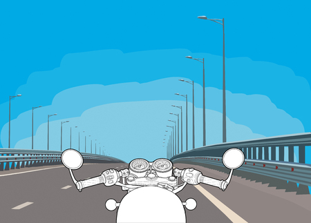 Driving a motorcycle on a highway. Riding a classic bike. Flat vector illustration.のイラスト素材