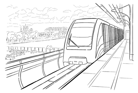 Hand drawn ink line sketch Moscow monorail light metro station, train in outline style perspective view.のイラスト素材