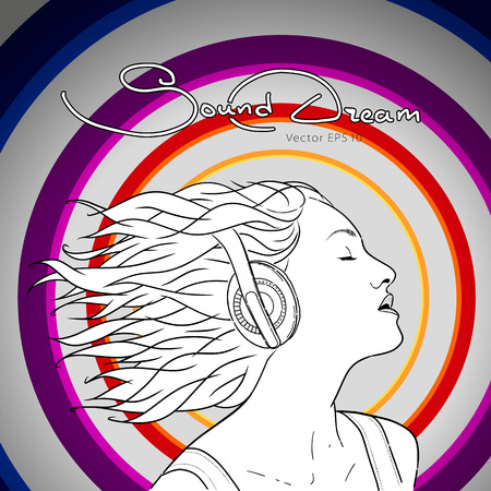 Portrait of a girl wearing headphones. Vector illustration. Hand drawn sketch.のイラスト素材