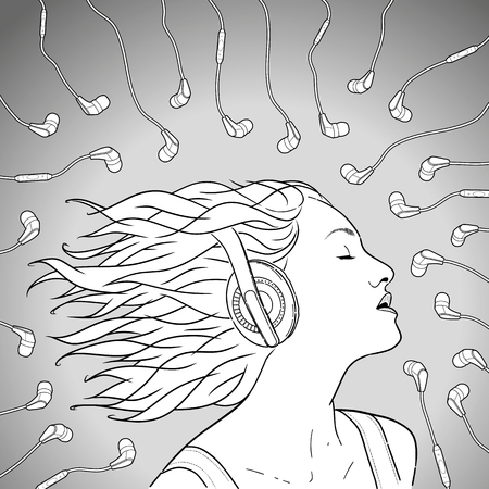 Portrait of a girl wearing headphones. Vector illustration. Hand drawn sketch.のイラスト素材