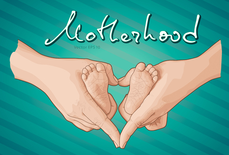 Line art sketch of baby feet in mother hands, Happy maternity concept, Hand drawn vector illustrationのイラスト素材