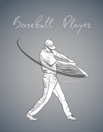 Illustration of a baseball player with bat hitting the ball. Vector hand drawn illustrationのイラスト素材