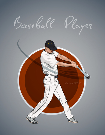 Illustration of a baseball player with bat hitting the ball. Vector hand drawn illustrationのイラスト素材