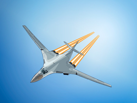 Flight of the newest russian jet strategic bomber aircraft. Technichal draw. Isolated on white background.のイラスト素材