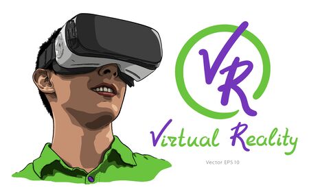 Man wearing virtual reality goggles. Hand drawn vector illustration, sketchのイラスト素材