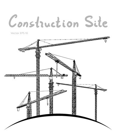 Construction site tower cranes. Vector freehand drawのイラスト素材