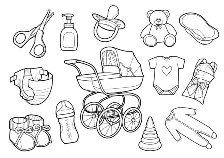 Baby care supplies. Set of vector drawings in line art styleのイラスト素材