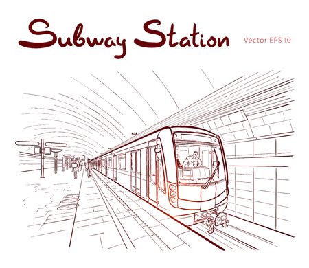 Hand drawn ink line sketch subway station, train in outline style perspective view.のイラスト素材