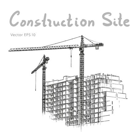 Building Construction and Tower Cranes. City. Vector drawのイラスト素材