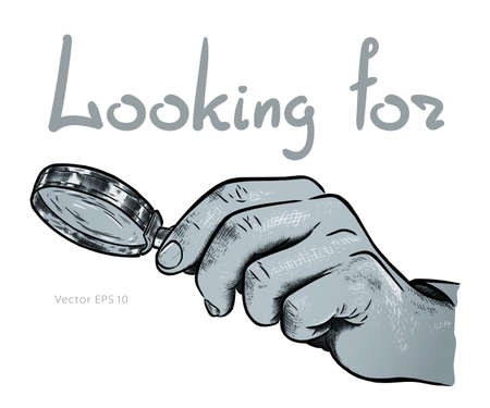Hand with a magnifying glass in search. Sketch vector illustratorのイラスト素材