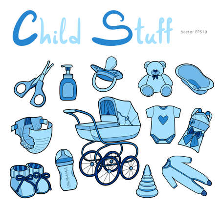 Baby care supplies. Set of vector drawings in line art styleのイラスト素材