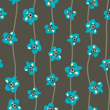 Seamless vector pattern with blue flowers and dotted linesのイラスト素材