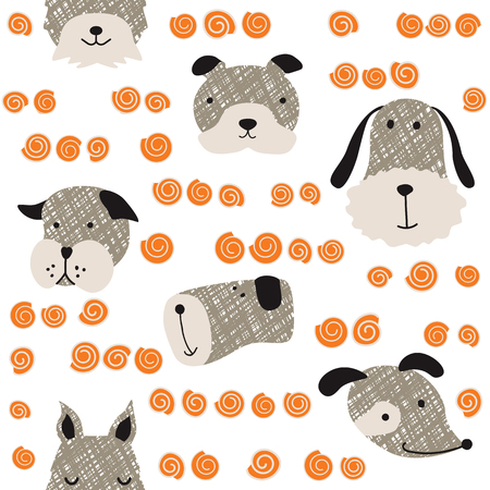 Seamless vector childish pattern with dog animal faces as backround or texture for kids design, fabric, wrapping, wallpaper, textileのイラスト素材