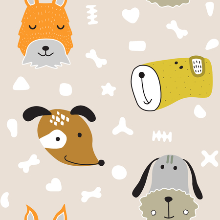 Seamless vector childish pattern with dog animal faces as backround or texture for kids design, fabric, wrapping, wallpaper, textileのイラスト素材