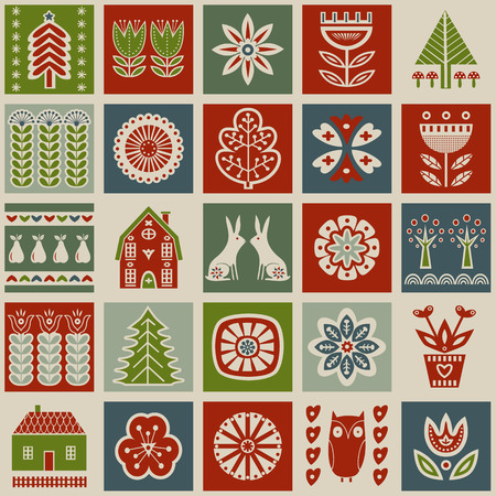 Scandinavian folk art seamless vector pattern with green, red and blue flowers, trees, rabbit, owl, houses, mushrooms, pears with decorative elements in simple styleのイラスト素材
