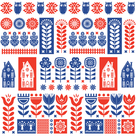 Scandinavian folk art seamless vector pattern with blue and red flowers, trees, owl, houses with decorative elements in simple style.のイラスト素材