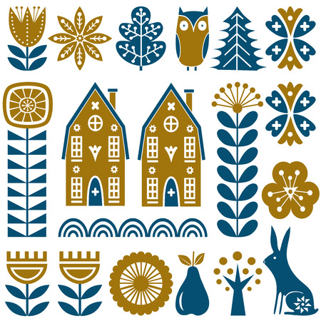 Scandinavian folk art seamless vector pattern with gold and blue flowers, trees, rabbit, owl, houses with decorative elements and rural scenery in simple styleのイラスト素材