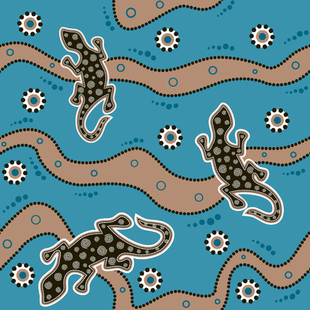 Australian aboriginal seamless vector pattern with colorful dotted circles, lizards, spirals, rings and crooked stripes on blue backgroundのイラスト素材