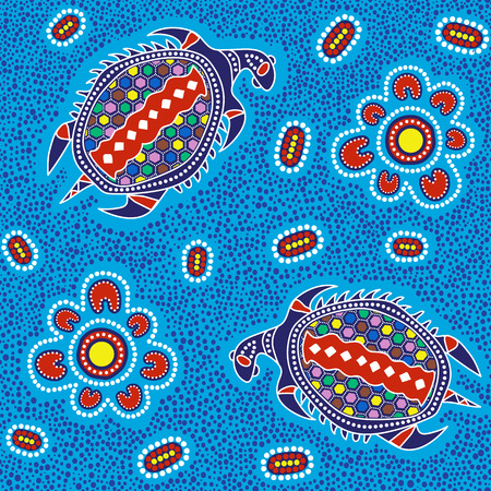 Australian aboriginal seamless vector pattern with colorful dotted circles, turtles and other elements on dotted background or textureのイラスト素材