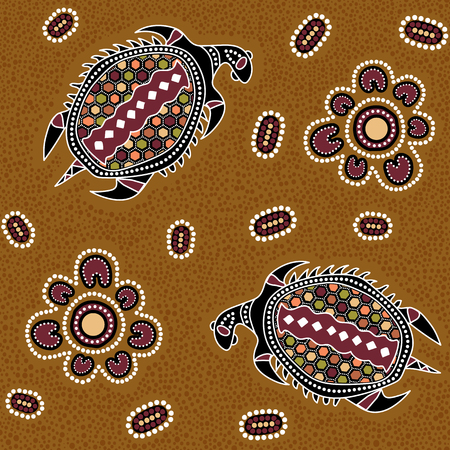 Australian aboriginal seamless vector pattern with colorful dotted circles, turtles and other elements on dotted background or textureのイラスト素材