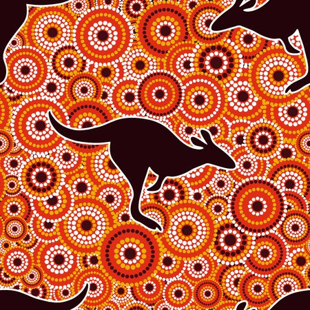 Australian aboriginal art seamless vector pattern with multicolored dotted circles and black kangarooのイラスト素材