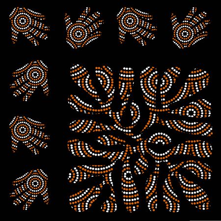 Aboriginal seamless vector pattern including ethnic Australian motive with white and orange dotted circles, leaf, palm and other typical elements on black backgroundのイラスト素材