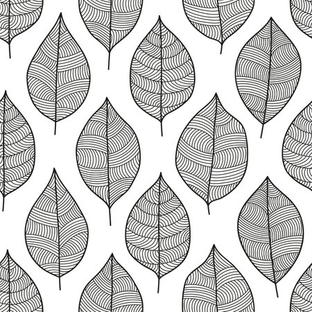 Scandinavian seamless vector outline pattern with monochrome leaves in simple styleのイラスト素材