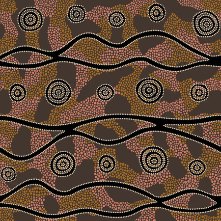 Seamless vector pattern including ethnic Australian motive with colorful dotted different shapes and elements on brown backgroundのイラスト素材