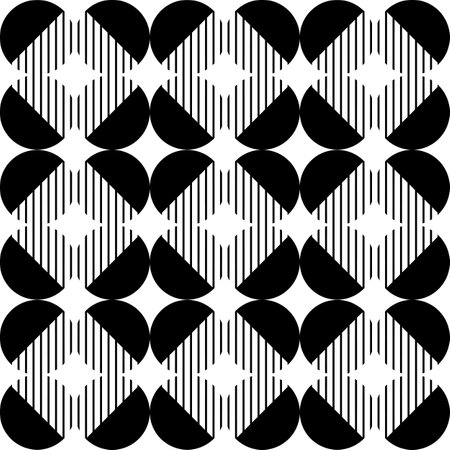 Modern vector abstract seamless geometric pattern with monochrome semicircles, circles and lines in retro scandinavian styleのイラスト素材