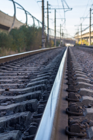 urban railway track with confusing lines and overhead cablesのeditorial素材