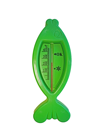 Green thermometer on white background. The thermometer shows the Temperatureの写真素材