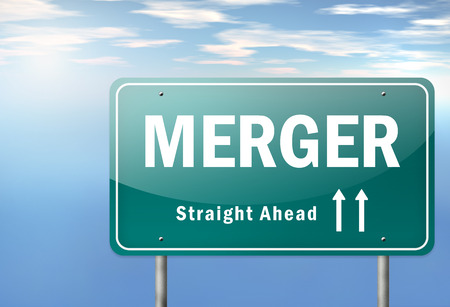 Highway Signpost with Merger wordingの写真素材
