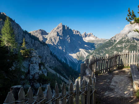 Climbing Rotwand via ferrata near Sexten in the Dolomites, South Tyrol, Italyの写真素材
