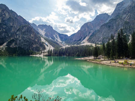 Hiking along the beautiful Braies lake in the Dolomites, South Tyrolの写真素材