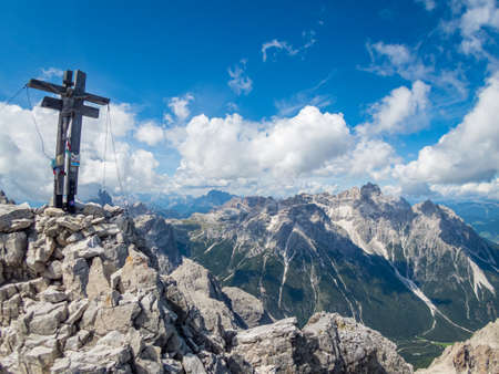 Climbing Rotwand via ferrata near Sexten in the Dolomites, South Tyrol, Italyの写真素材