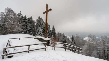 Snow shoe hike to the snow-covered Black Ridge near Isny in Allgau in winterの写真素材