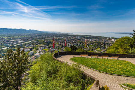 Fantastic view over Bregenz and Lake Constance from the Gebhardsberg castle restaurantの写真素材