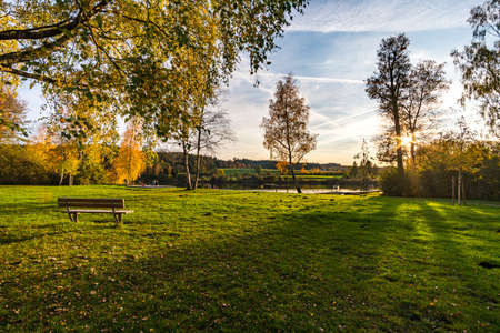 Wonderful sunset at the Koenigseggsee near Koenigseggwald in Upper Swabiaの写真素材