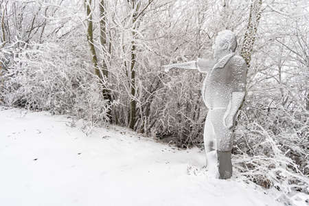 Winter hike in snow from Wilhelmsdorf on the Hoechsten near Illmensee on Lake Constanceの写真素材