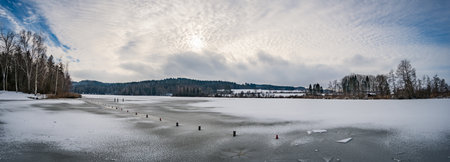 Winter hike around Lake Hosskirch near Koenigseggwald and the surrounding nature reserveの写真素材