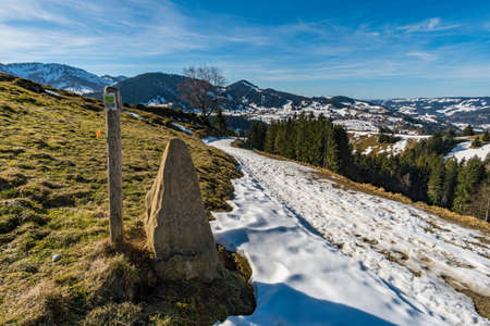 Beautiful winter spring landscape in the Allgau Alps near Oberstaufenの写真素材