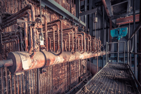 Creepy abandoned industry area with power plant a lost place a decayed factory hallの写真素材