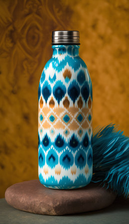Mockup of a glass bottle with a blue pattern on a wooden backgroundの素材