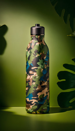 Camouflage sport bottle on green background with monstera leaves.の素材