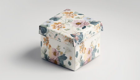Gift box with floral pattern on white background. 3D renderingの素材