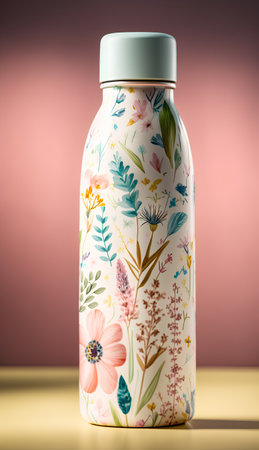 Plastic bottle with floral pattern on the yellow and pink background.の素材