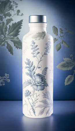 3d illustration of a bottle with a floral pattern on a blue backgroundの素材