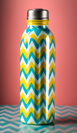 Mockup of a blue and yellow bottle on a striped backgroundの素材
