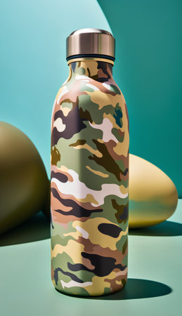 Sport bottle with a camouflage pattern on a green background. Sports nutrition.の素材