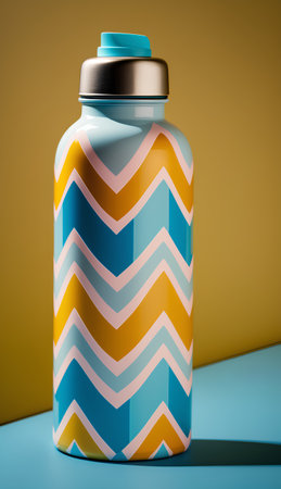 Sport bottle with blue and yellow stripes on a blue and yellow backgroundの素材